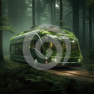 Bus. Ecological concept. Bus made of green vegetation in the forest