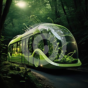 Bus. Ecological concept. Bus made of green vegetation in the forest