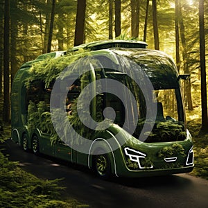 Bus. Ecological concept. Bus made of green vegetation in the forest