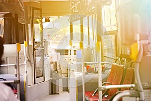 Bus empty seats interior with nobody inside - transportation con
