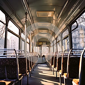 A bus is empty and the windows are open