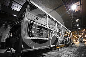 Bus frame structure during the renovation of the repair shop