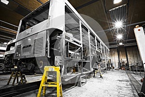 Bus frame structure during the renovation of the repair shop