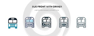 Bus front with driver icon in different style vector illustration. two colored and black bus front with driver vector icons