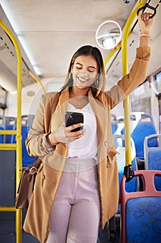 Bus, happy woman and phone with public transport, social media scroll and smile with business commute. City travel, stop