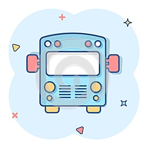 Bus icon in comic style. Coach car cartoon vector illustration on white isolated background. Autobus splash effect business