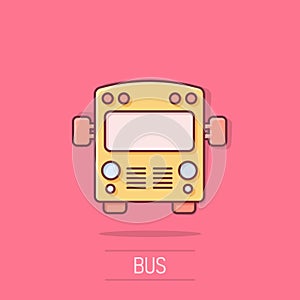 Bus icon in comic style. Coach car cartoon vector illustration on white isolated background. Autobus splash effect business