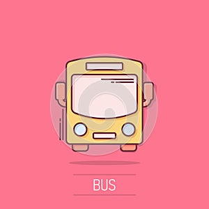 Bus icon in comic style. Coach car cartoon vector illustration on white isolated background. Autobus splash effect business photo