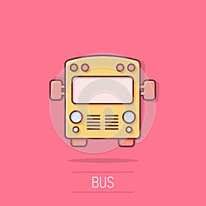 Bus icon in comic style. Coach car cartoon vector illustration on white isolated background. Autobus splash effect business photo