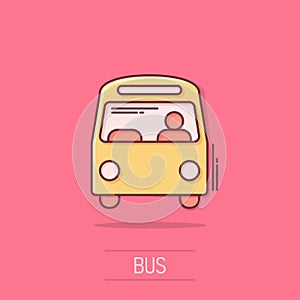 Bus icon in comic style. Coach cartoon vector illustration on isolated background. Autobus vehicle splash effect business concept photo