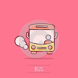 Bus icon in comic style. Coach cartoon vector illustration on isolated background. Autobus vehicle splash effect business concept photo