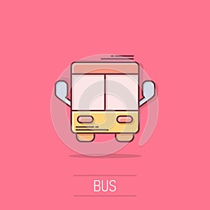 Bus icon in comic style. Coach cartoon vector illustration on isolated background. Autobus vehicle splash effect business concept