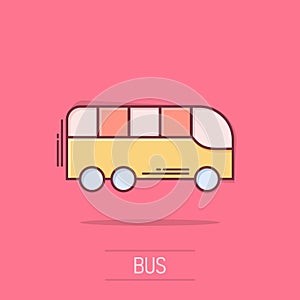 Bus icon in comic style. Coach cartoon vector illustration on isolated background. Autobus vehicle splash effect business concept