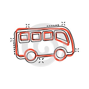 Bus icon in comic style. Coach cartoon vector illustration on white isolated background. Autobus vehicle splash effect business