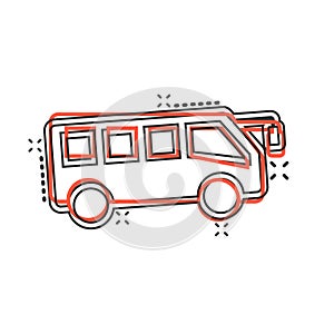 Bus icon in comic style. Coach cartoon vector illustration on white isolated background. Autobus vehicle splash effect business