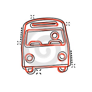 Bus icon in comic style. Coach cartoon vector illustration on white isolated background. Autobus vehicle splash effect business