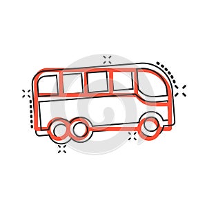 Bus icon in comic style. Coach cartoon vector illustration on white isolated background. Autobus vehicle splash effect business