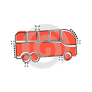 Bus icon in comic style. Coach cartoon vector illustration on white isolated background. Autobus vehicle splash effect business