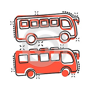 Bus icon in comic style. Coach cartoon vector illustration on white isolated background. Autobus vehicle splash effect business