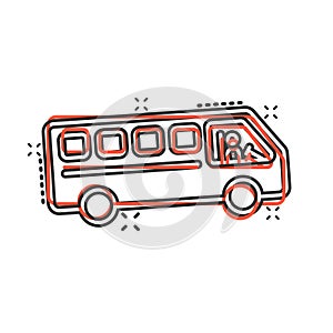 Bus icon in comic style. Coach cartoon vector illustration on white isolated background. Autobus vehicle splash effect business