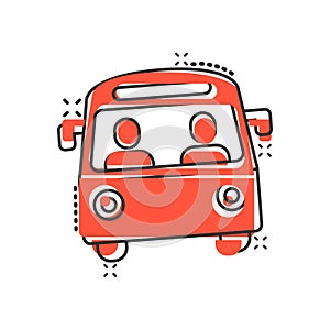 Bus icon in comic style. Coach cartoon vector illustration on white isolated background. Autobus vehicle splash effect business