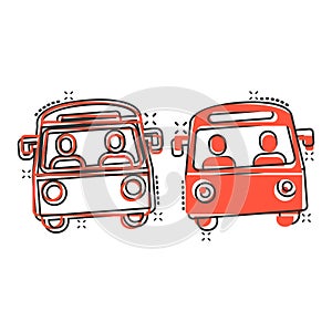 Bus icon in comic style. Coach cartoon vector illustration on white isolated background. Autobus vehicle splash effect business