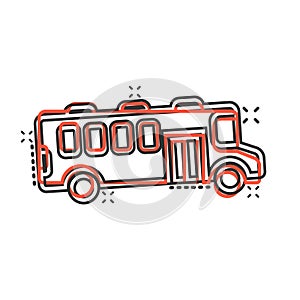 Bus icon in comic style. Coach cartoon vector illustration on white isolated background. Autobus vehicle splash effect business