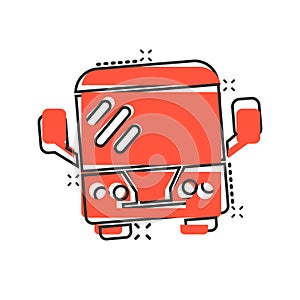 Bus icon in comic style. Coach cartoon vector illustration on white isolated background. Autobus vehicle splash effect business