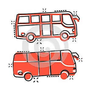 Bus icon in comic style. Coach cartoon vector illustration on white isolated background. Autobus vehicle splash effect business