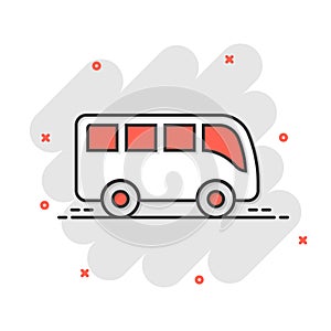 Bus icon in comic style. Coach cartoon vector illustration on white isolated background. Autobus vehicle splash effect business