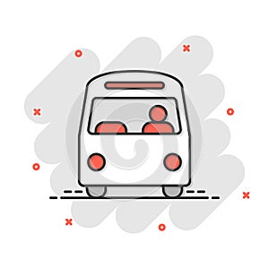 Bus icon in comic style. Coach cartoon vector illustration on white isolated background. Autobus vehicle splash effect business