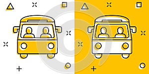 Bus icon in comic style. Coach cartoon vector illustration on white isolated background. Autobus vehicle splash effect business