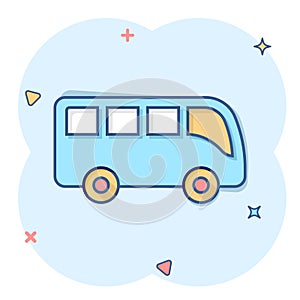 Bus icon in comic style. Coach cartoon vector illustration on white isolated background. Autobus vehicle splash effect business