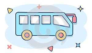 Bus icon in comic style. Coach cartoon vector illustration on white isolated background. Autobus vehicle splash effect business