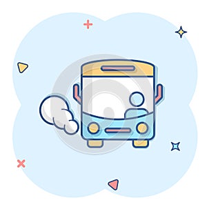 Bus icon in comic style. Coach cartoon vector illustration on white isolated background. Autobus vehicle splash effect business