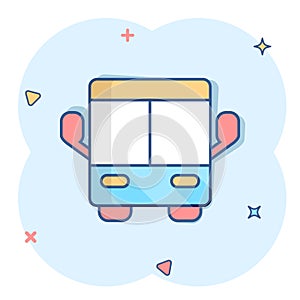 Bus icon in comic style. Coach cartoon vector illustration on white isolated background. Autobus vehicle splash effect business