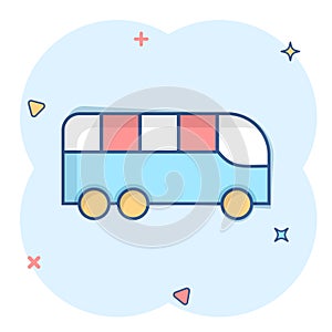 Bus icon in comic style. Coach cartoon vector illustration on white isolated background. Autobus vehicle splash effect business