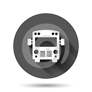 Bus icon in flat style. Coach car vector illustration on black round background with long shadow effect. Autobus circle button