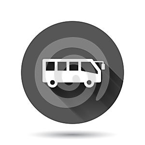 Bus icon in flat style. Coach vector illustration on black round background with long shadow effect. Autobus vehicle circle button