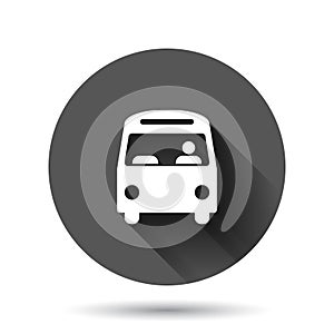 Bus icon in flat style. Coach vector illustration on black round background with long shadow effect. Autobus vehicle circle button