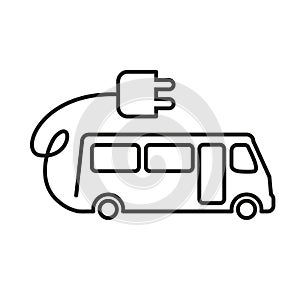 Bus icon with a wire with a socket for charging. Electric bus icon in thin lines