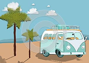 Bus with luggage on the background of a colorful seascape with palm trees and sea waves. Flat illustration.