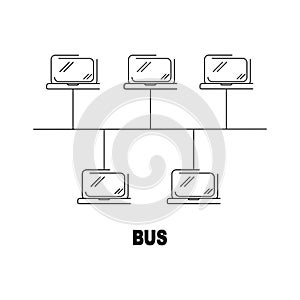 Bus network topology vector black linear flat style icon