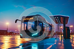 A bus parked under the bright lights of a gas station at night, with a few people standing nearby, An electric bus at a charging