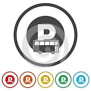 Bus parking sign icon. Set icons in color circle buttons