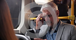 Bus, passenger and man with thinking, phone and travel in night, communication and transport for CEO. Entrepreneur