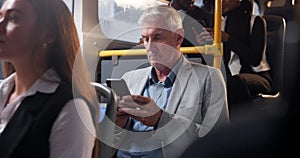 Bus, passenger and man in transport, phone and travel in morning, communication and traffic for CEO. Entrepreneur