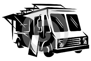 A bus rebuilt as a food truck. Working, advertising look. Displayed poster with menu. Vector monochrome illustration