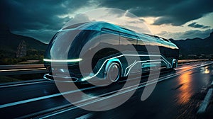 A futuristic bus driving on the highway at night photo