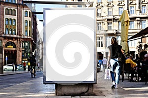 bus shelter with blank white ad billboard at busstop. urban street setting